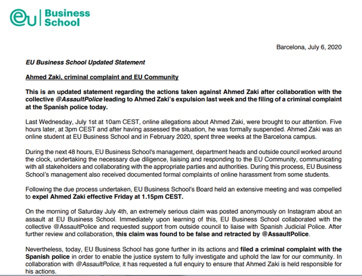 EU Business School Updated Statement about the criminal complaint against Ahmed Zaki, student accused of over 50 sexual crimes